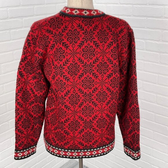 LL Bean Cardigan Women Small Regular Black Red Snowflake Merino Wool Latvia - Picture 4 of 12